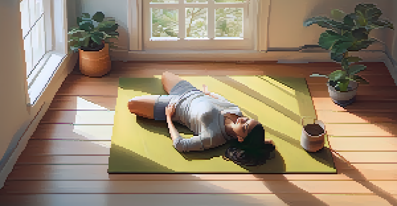 An overhead view of a cozy indoor space with a yoga mat and a person practicing diaphragmatic breathing, surrounded by warm light and a small potted plant.
