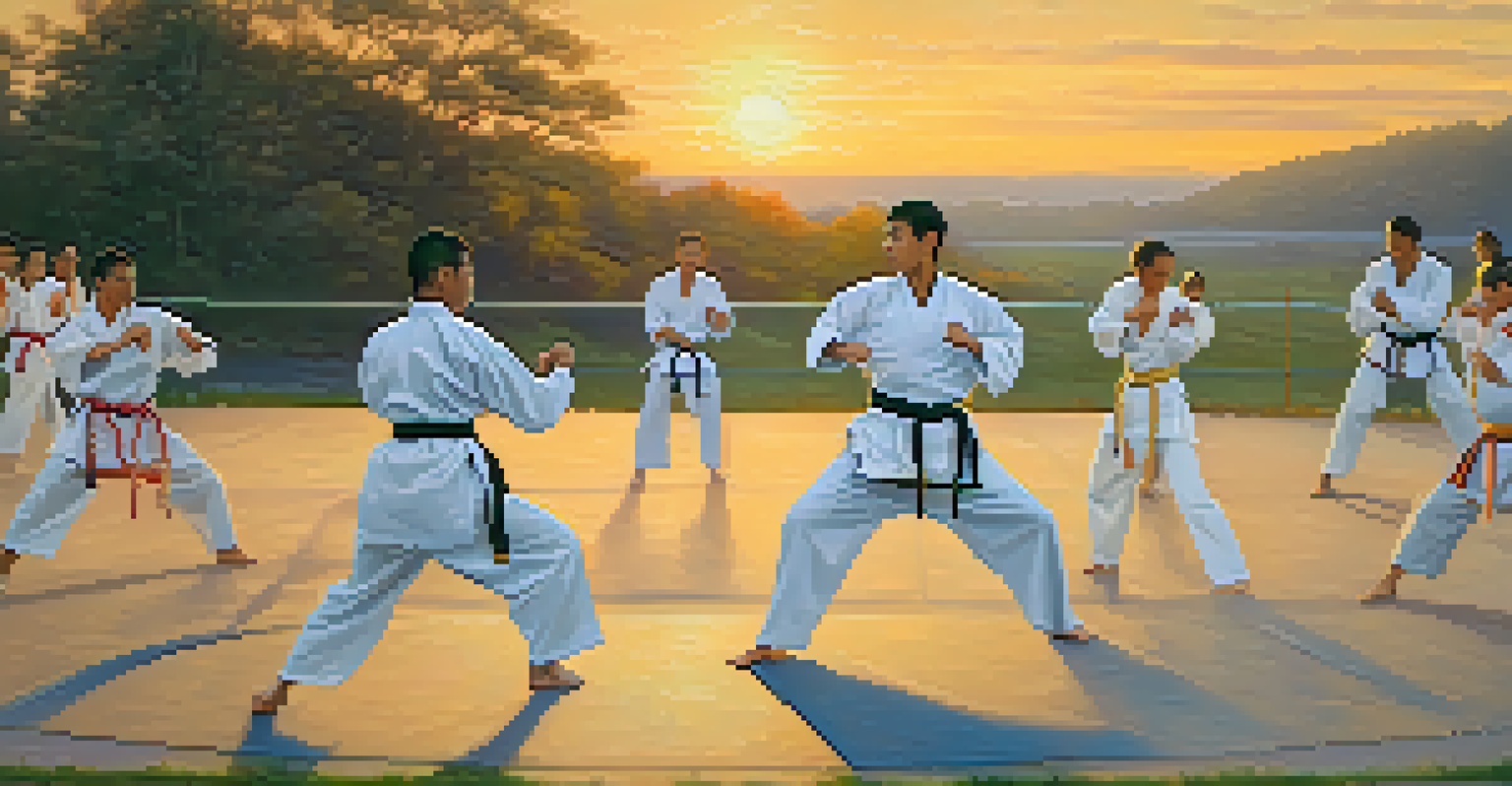 Outdoor martial arts class at sunset, with instructors guiding students as they practice footwork and stances, illuminated by golden light.
