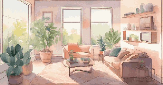 A warm and inviting living room with a smart thermostat on the wall, modern furniture, and natural light streaming in through a window.