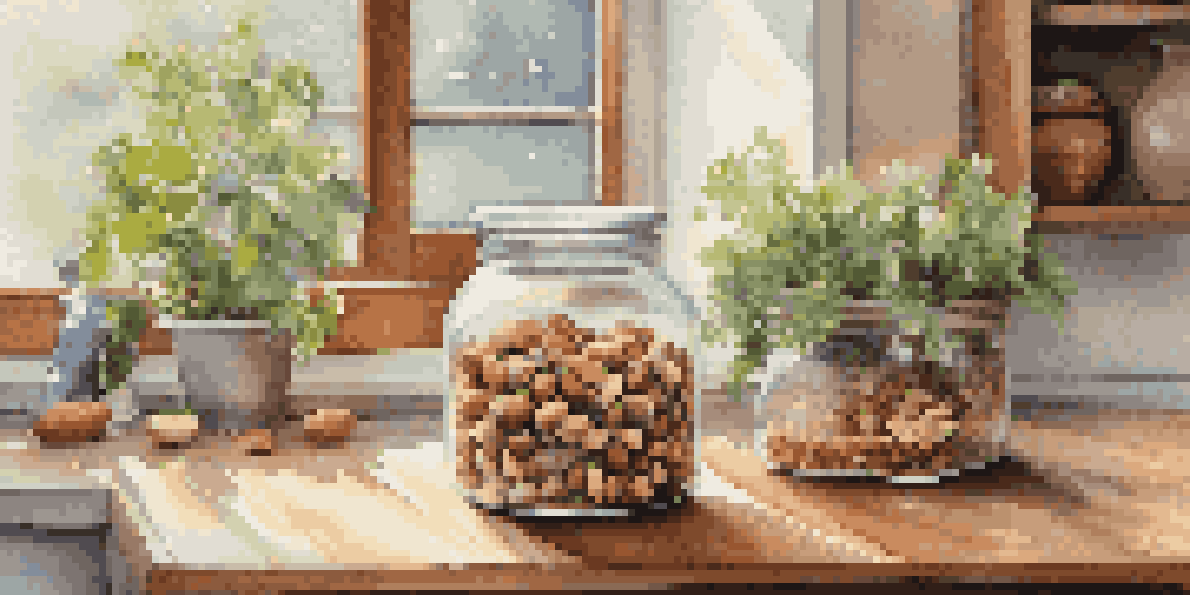 A glass jar filled with colorful nuts and seeds on a wooden kitchen countertop, with sunlight streaming through a window.