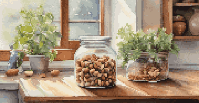 A glass jar filled with colorful nuts and seeds on a wooden kitchen countertop, with sunlight streaming through a window.