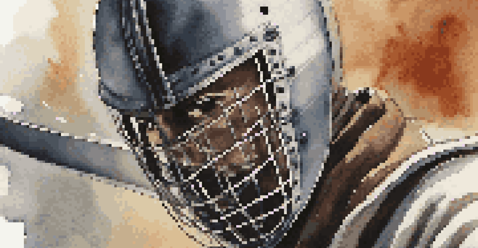 A close-up of a focused fencer in action, wearing a mask and uniform, with dramatic lighting highlighting their determination.