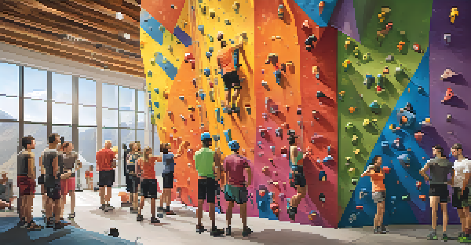 A group of climbers in a gym discussing techniques, surrounded by climbing gear and colorful routes.