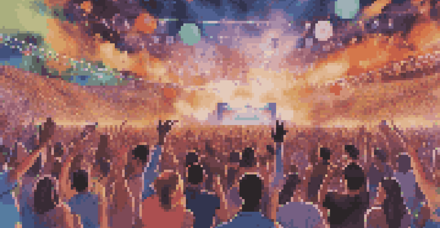 A global virtual music festival with diverse artists and an interactive crowd in a vibrant digital setting.