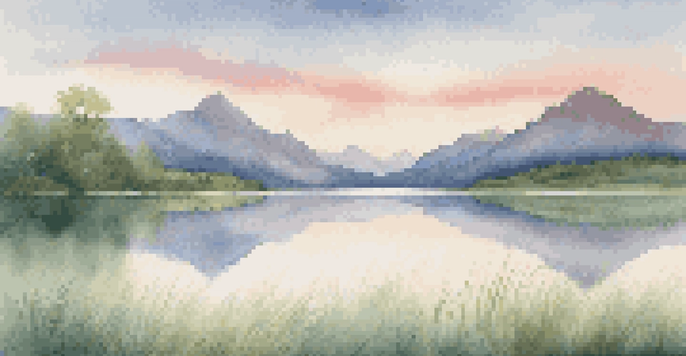 A peaceful mountain landscape with a perfect reflection on a lake during sunrise, featuring soft pastel colors in the sky and green grass in the foreground.