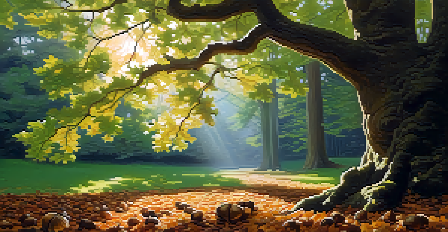 A large oak tree with green leaves and acorns in a forest setting, with sunlight filtering through the branches and a soft-focus background.