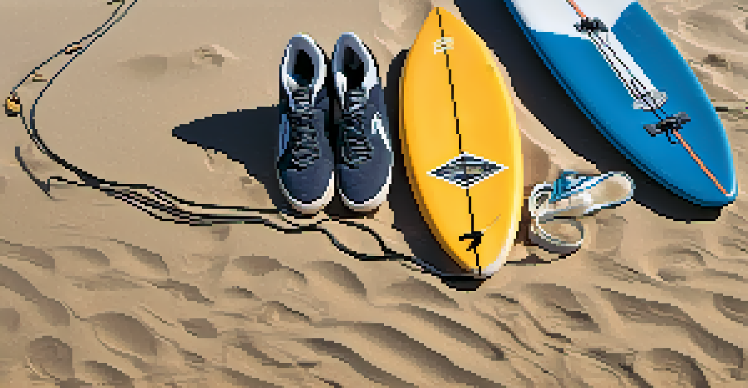 Essential surfing gear displayed on the beach, including a surfboard, wetsuit, leash, and wax with ocean waves in the background.