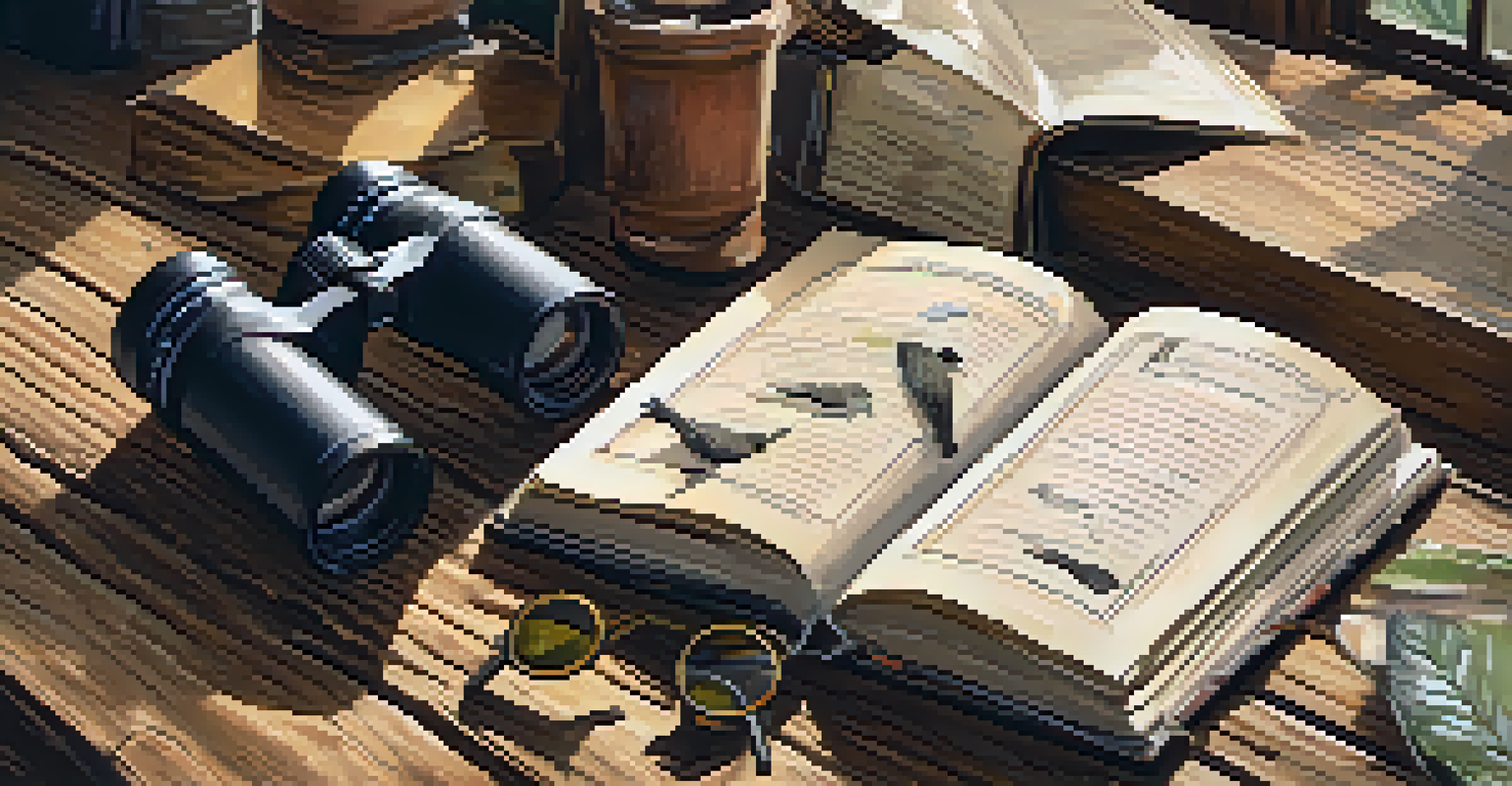 A close-up of an open birdwatching journal with sketches and notes, along with binoculars, on a wooden table illuminated by natural light.