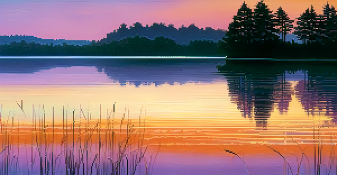 A tranquil lake at sunset with silhouetted trees and a colorful sky reflecting on the water.