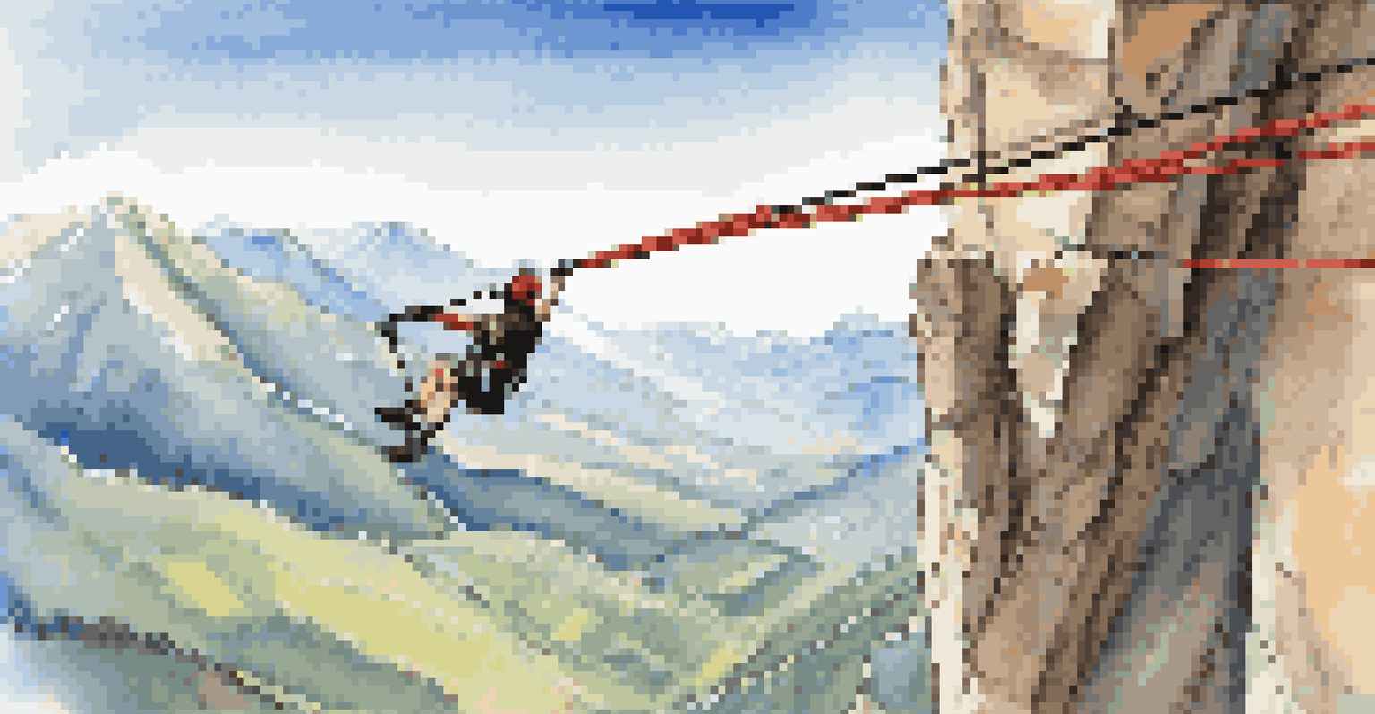 A close-up of a bungee cord and harness against a backdrop of mountains and blue sky, highlighting the excitement of bungee jumping.