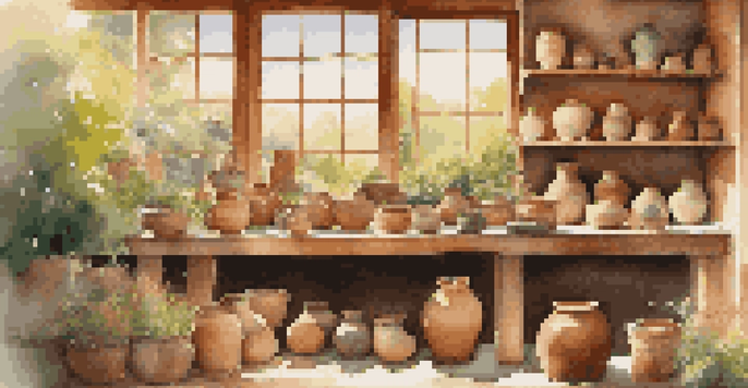 A pottery studio filled with handcrafted ceramic pieces and natural light from a window overlooking a garden.