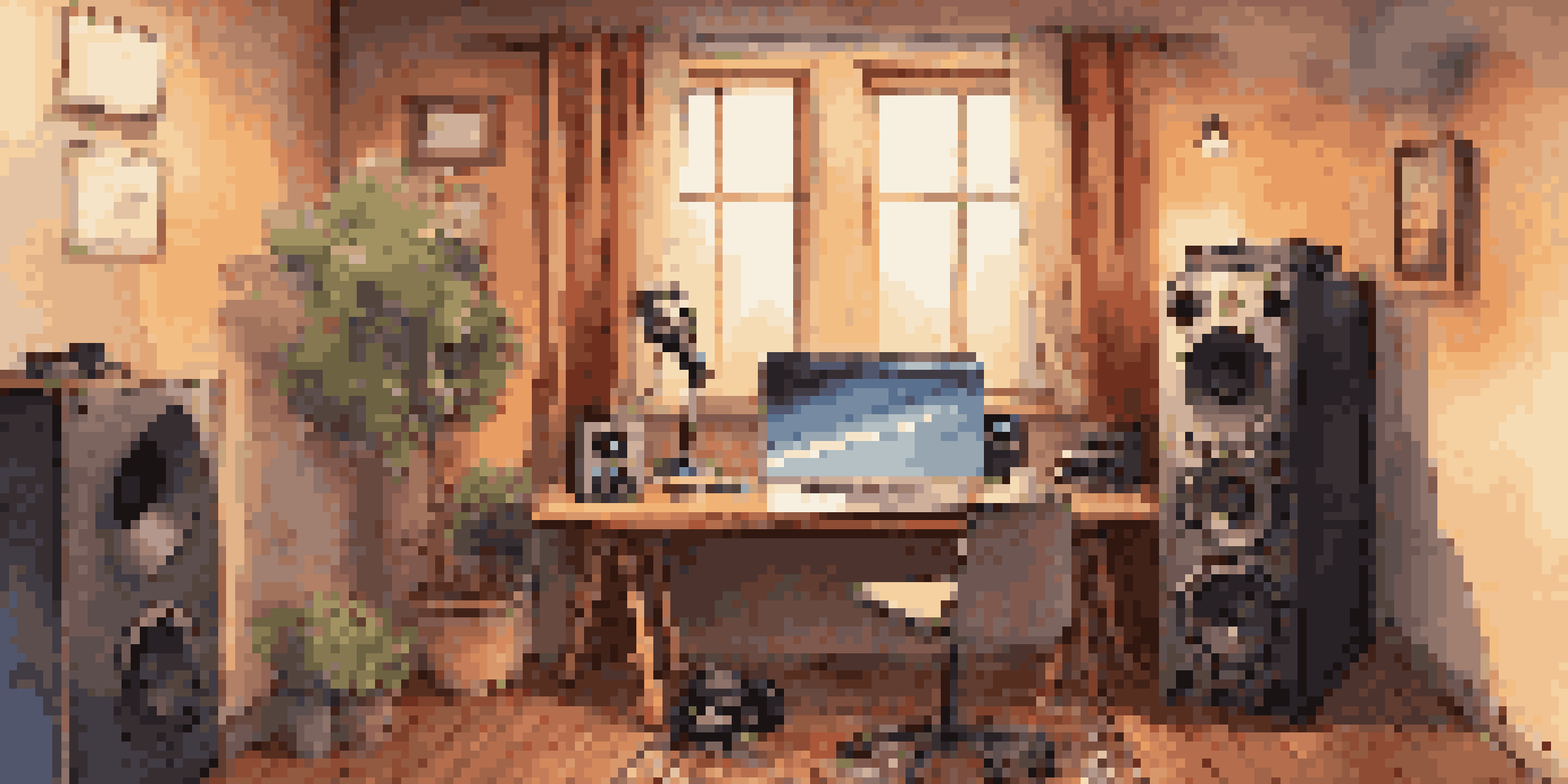 A warm and inviting home recording space with a microphone, headphones, and a laptop on a wooden desk, surrounded by soundproofing materials.