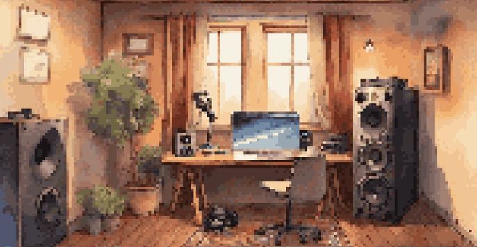 A warm and inviting home recording space with a microphone, headphones, and a laptop on a wooden desk, surrounded by soundproofing materials.