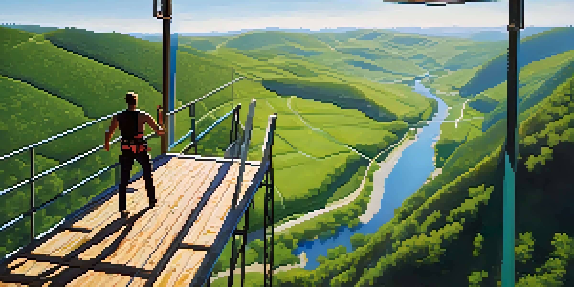 A person standing on a bungee jumping platform, overlooking a green valley, ready to jump.