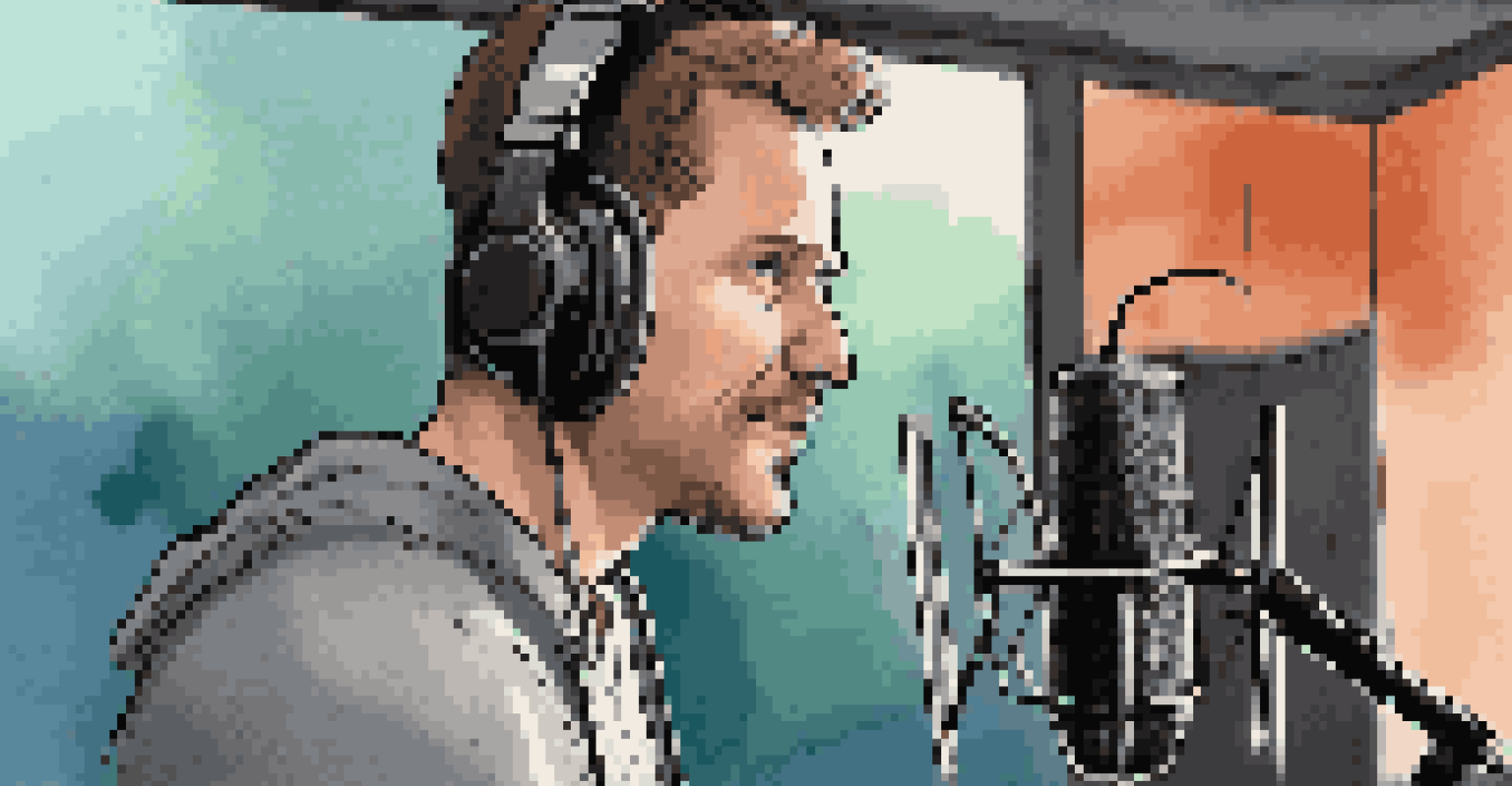 A voice actor recording in a professional booth with headphones and a microphone.