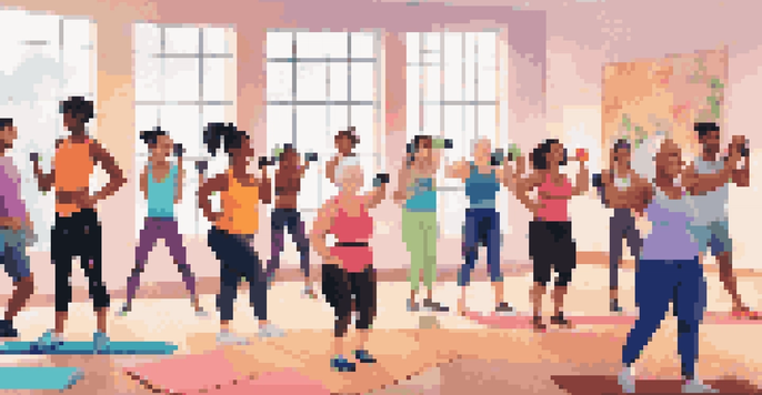A diverse group of individuals participating in a virtual workout session, smiling and encouraging each other with motivational quotes in the background.