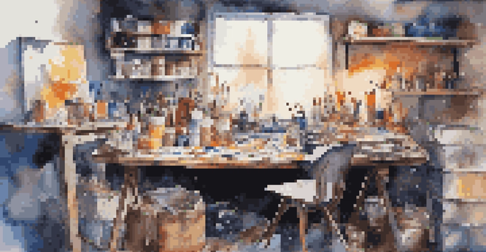 A vibrant artist's workspace with paints, brushes, and a canvas, filled with colors and art supplies.