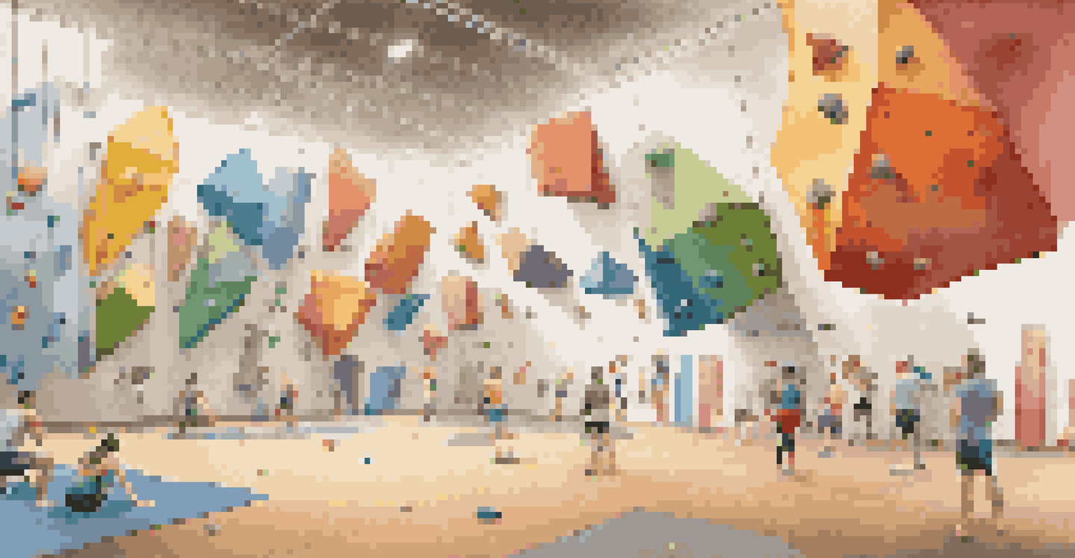 An indoor climbing gym with climbers practicing on colorful walls under warm lighting.