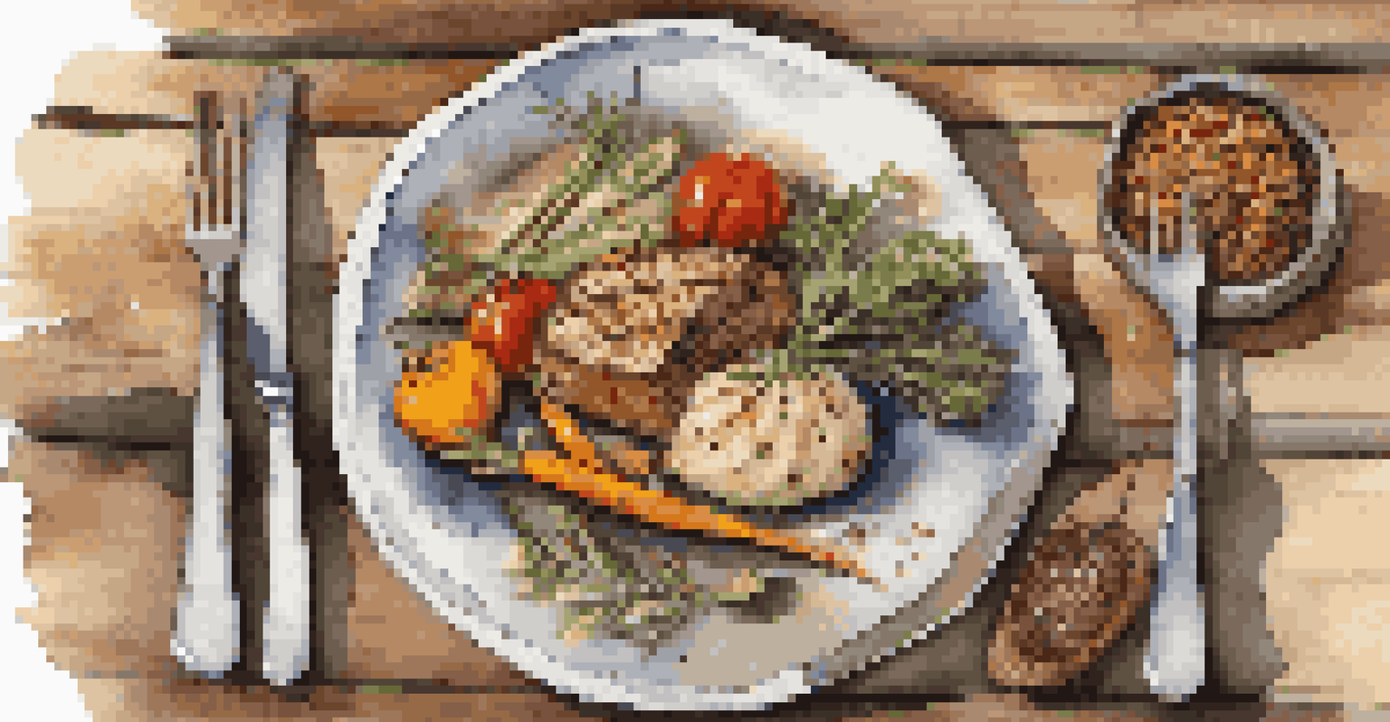 A colorful, balanced dinner plate featuring roasted seasonal vegetables, grilled protein, and whole grains on a rustic table.