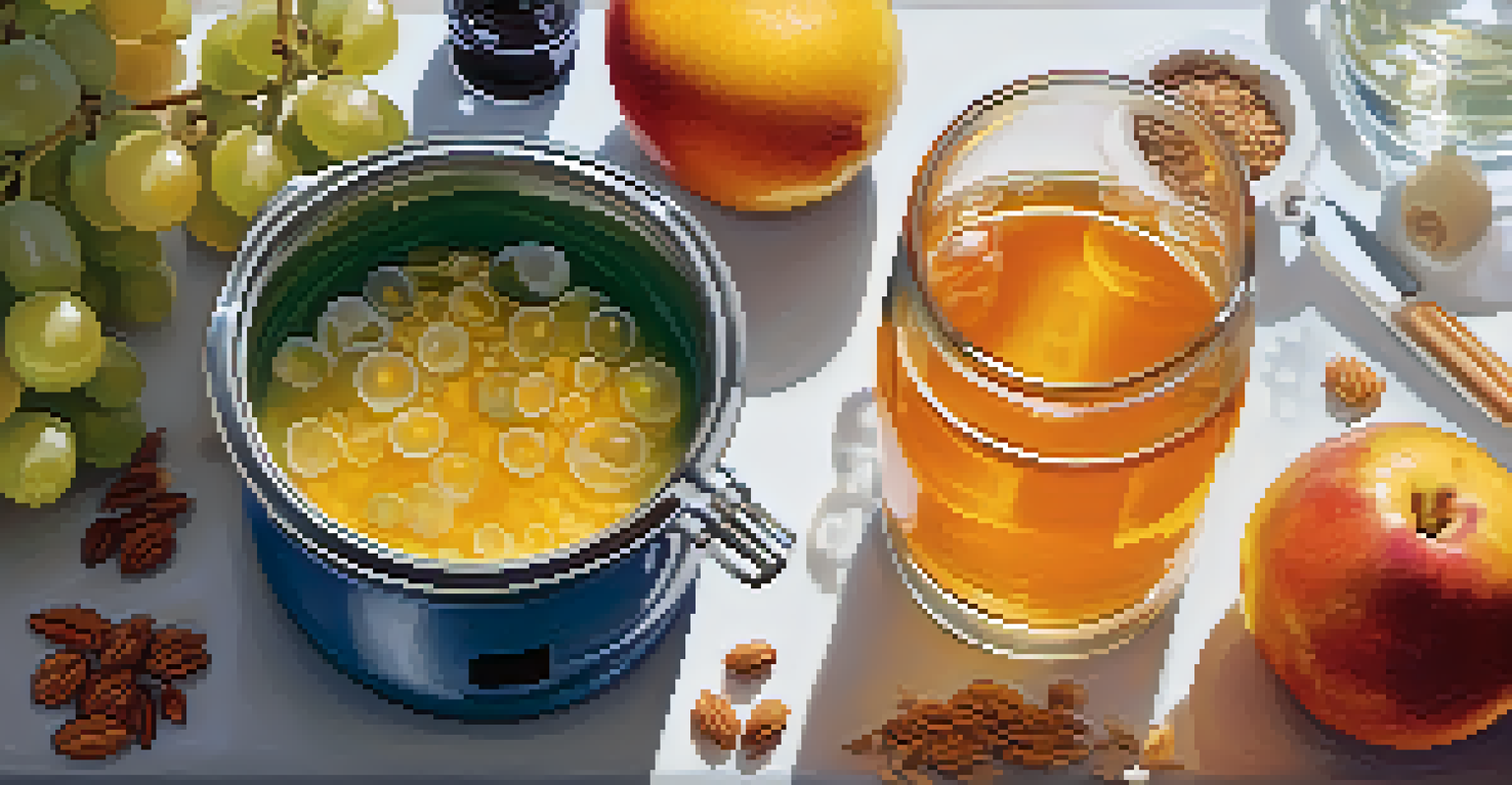 An overhead view of a bubbling fermentation vessel with fresh fruits and grains, under bright natural light.
