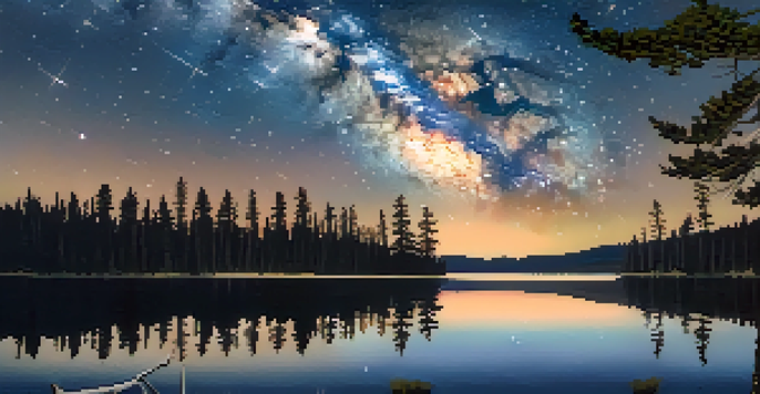 A peaceful night landscape showcasing a starry sky with the Milky Way, reflected in a calm lake surrounded by pine trees.