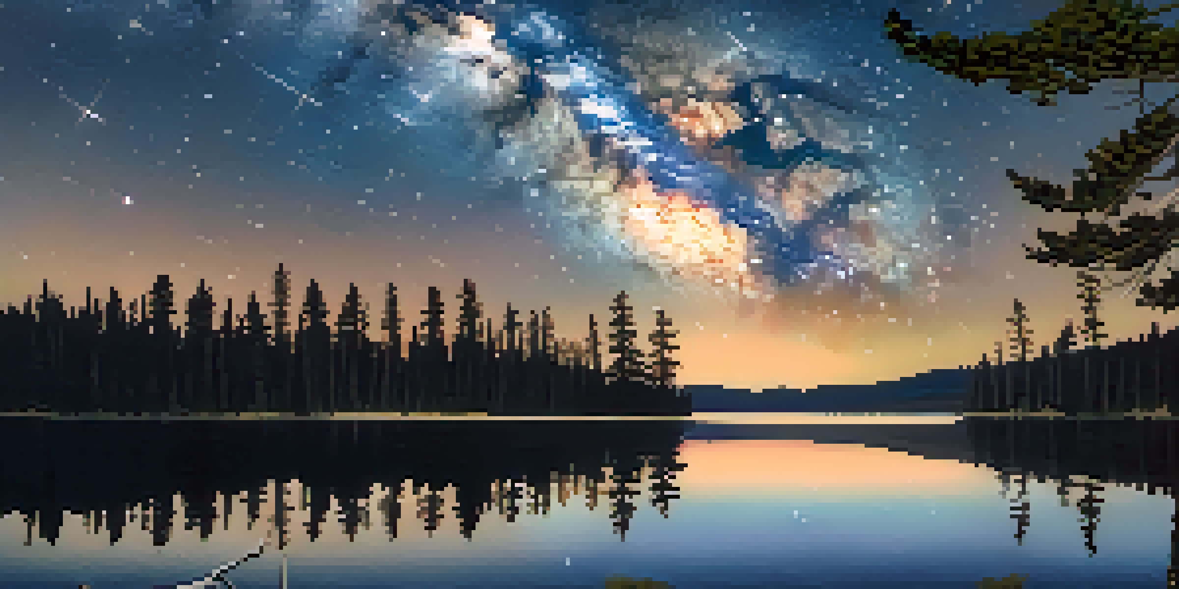 A peaceful night landscape showcasing a starry sky with the Milky Way, reflected in a calm lake surrounded by pine trees.