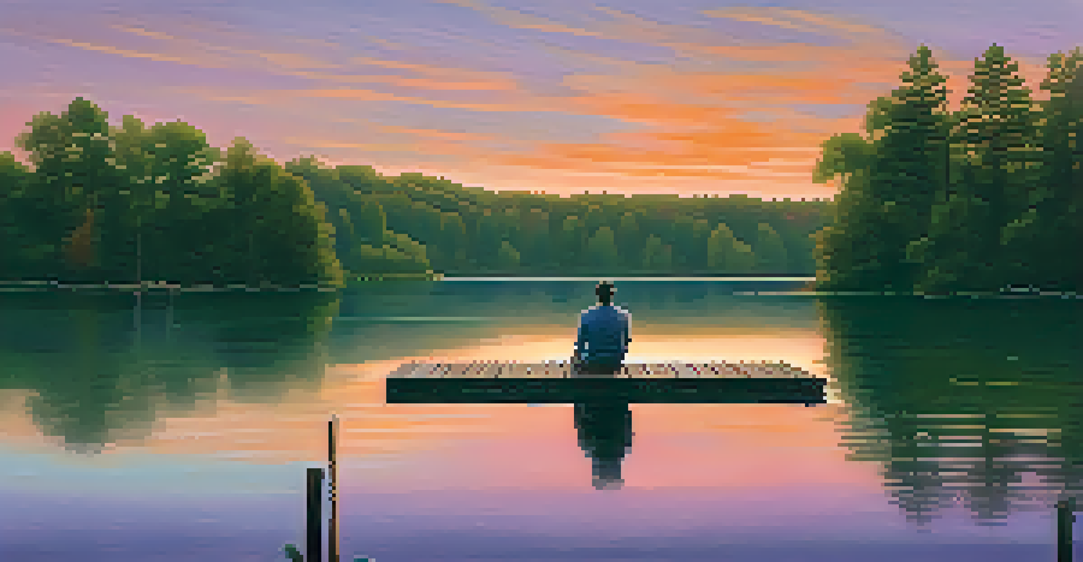 A person sitting on a dock by a lake at sunset, writing in a journal with a colorful sky reflected in the water.