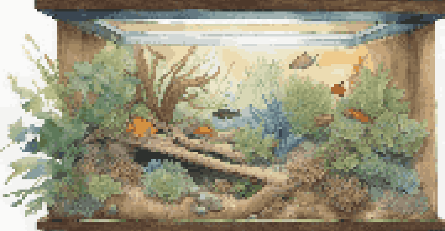 An overhead view of a biotope aquarium with sandy substrate, driftwood, and native plants under bright lighting.
