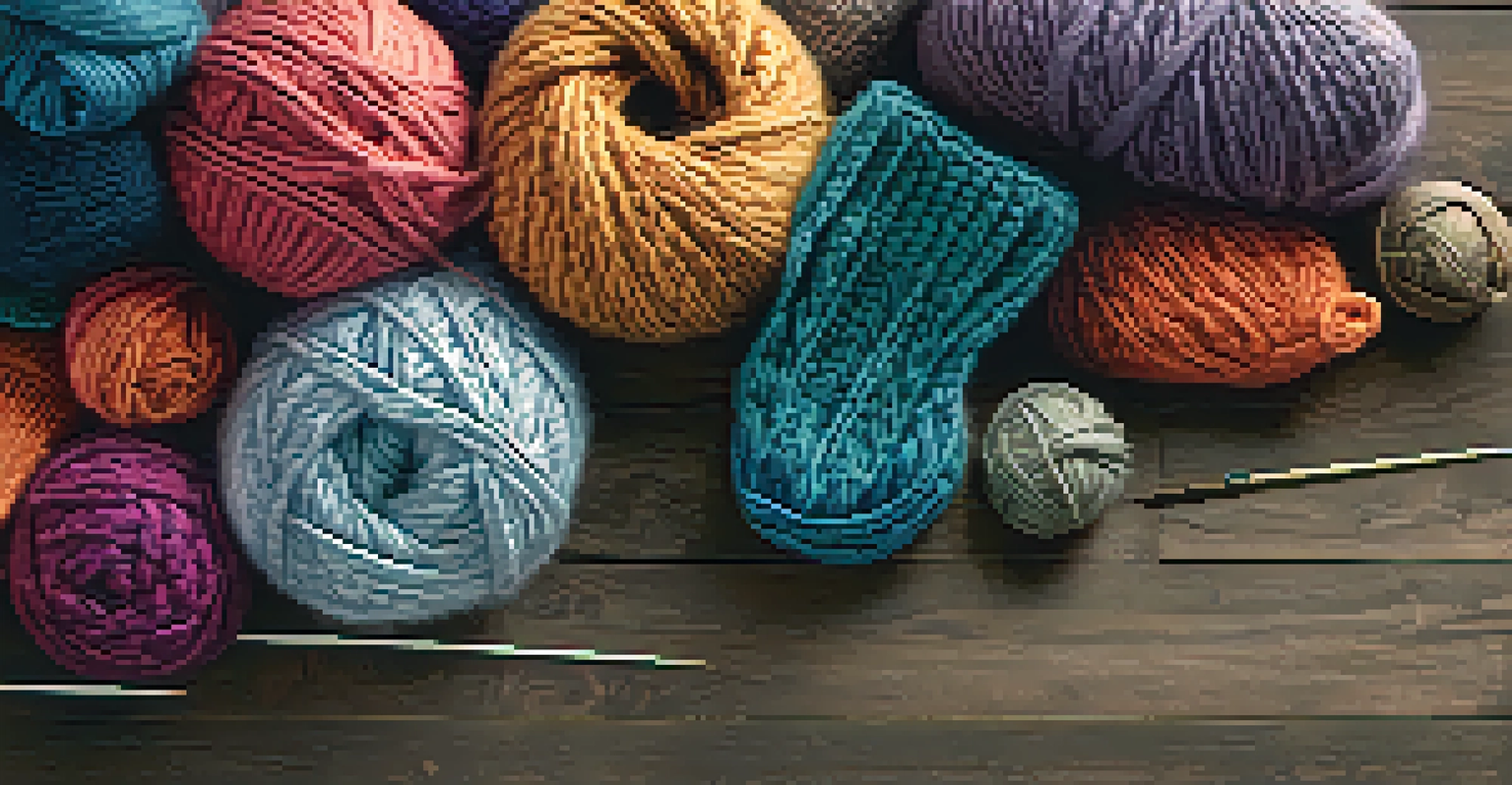 A display of finished knitted items including a scarf, blanket, and mittens on a rustic wooden table, surrounded by yarn and needles.