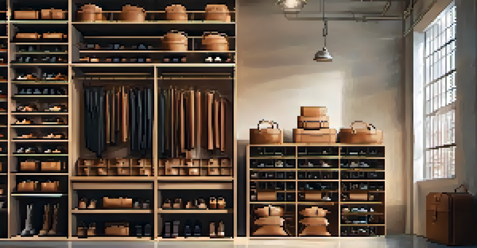 An organized leather storage area with bags and shoes in dust bags and boxes, illuminated by soft, diffused light.