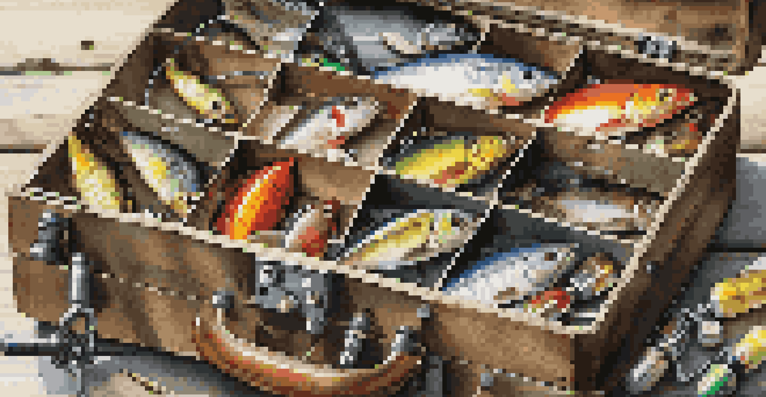 A close-up of an open tackle box filled with colorful fishing lures and baits on a wooden table, with fishing gear in the background.