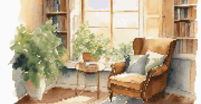 A cozy reading nook with a comfortable armchair, a cup of tea, and a stack of books by a sunny window.