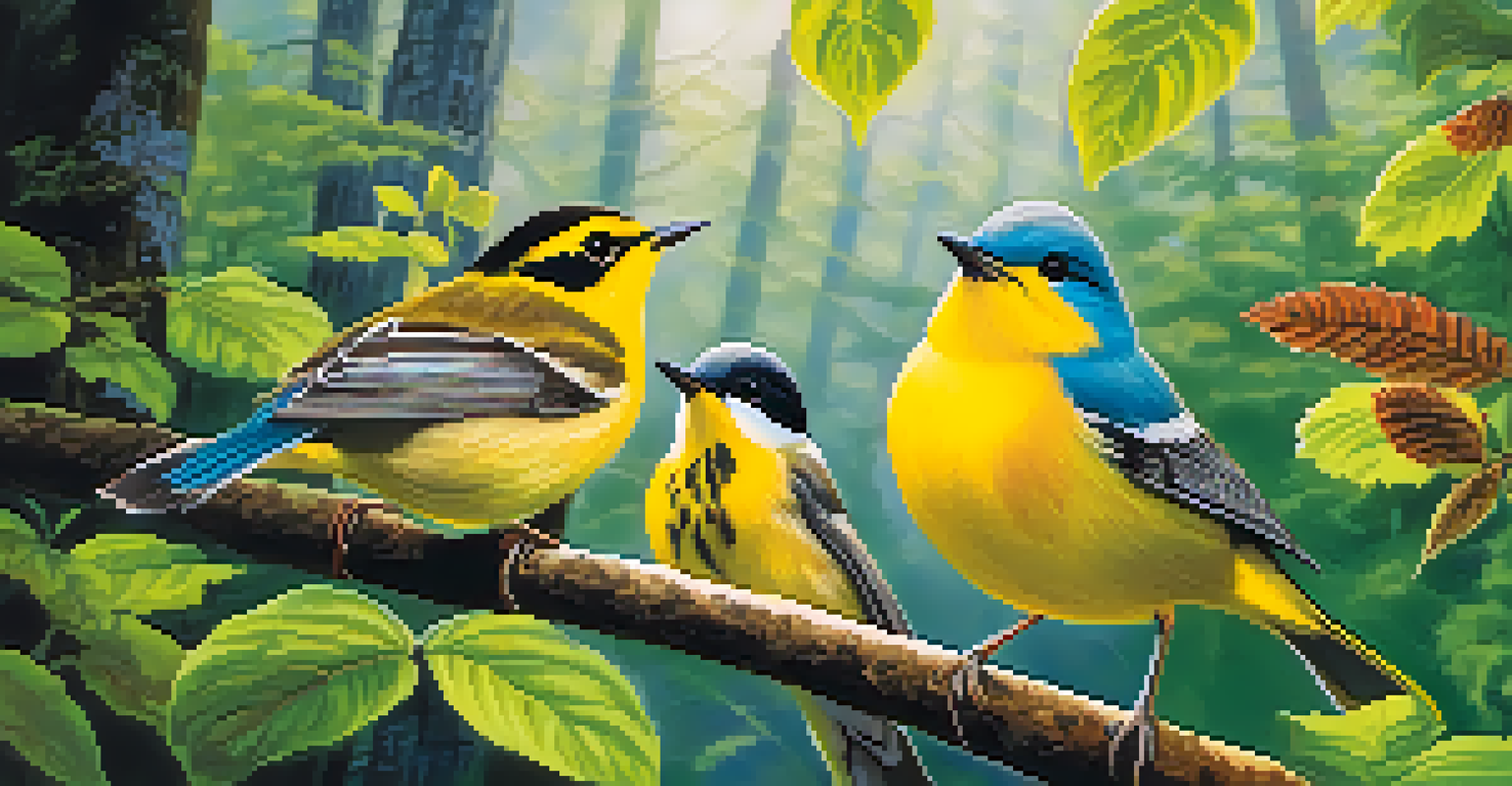 Colorful warblers perched in a lush forest of the Great Smoky Mountains with misty mountains in the background.