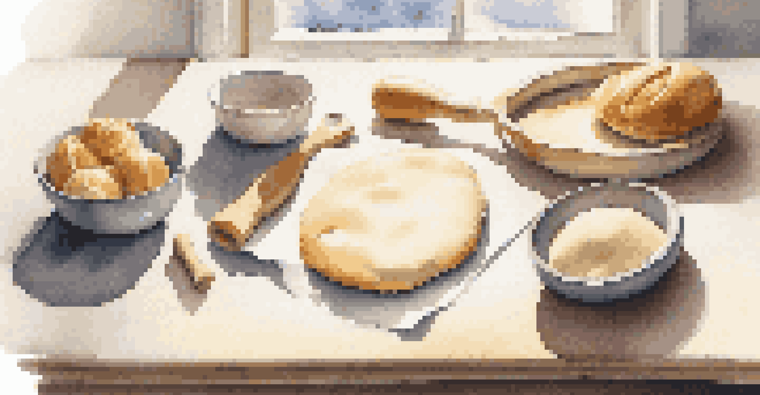 A kitchen countertop featuring essential tools for making mini pastries, including a rolling pin and pastry cutters, with sunlight illuminating the scene.
