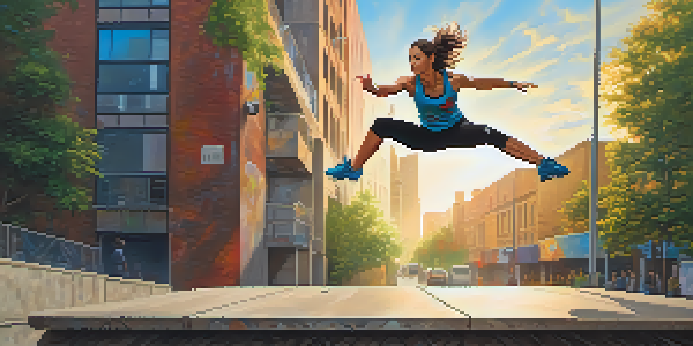 A woman performing a parkour vault over a concrete barrier, with colorful street art in the background and sunlight filtering through trees.