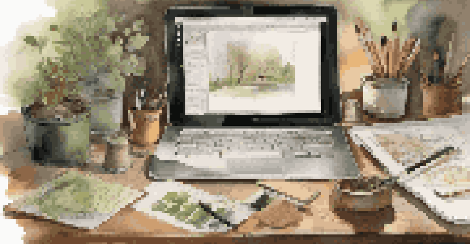 An artist's workspace with a digital tablet, sketches, and a warm color palette, illuminated by soft lighting.