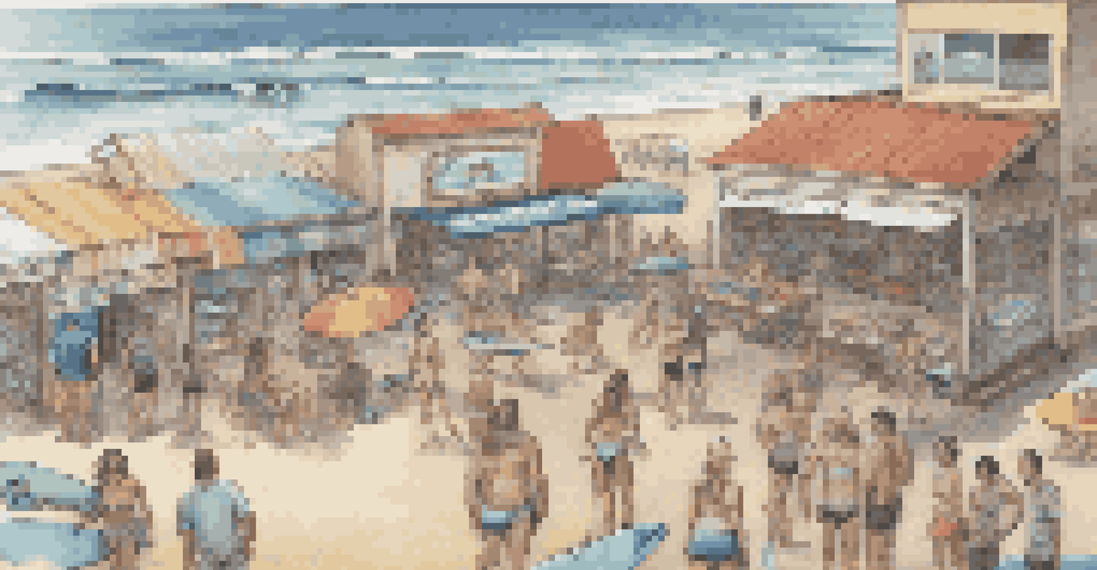 An aerial view of a busy surf rental shop with colorful surfboards and surfers chatting.