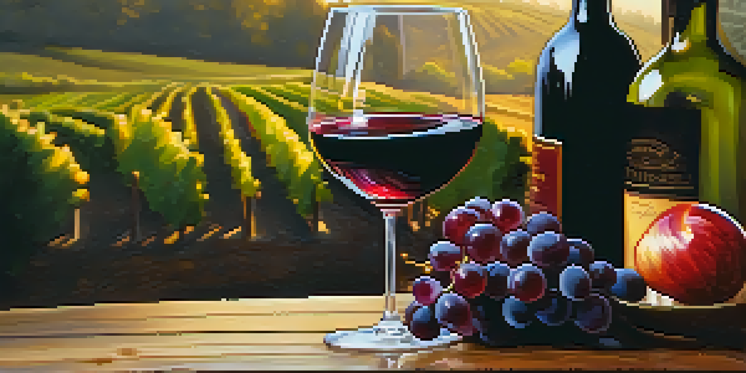 A close-up of Zinfandel wine in a glass on a wooden table, with a vineyard in the background.
