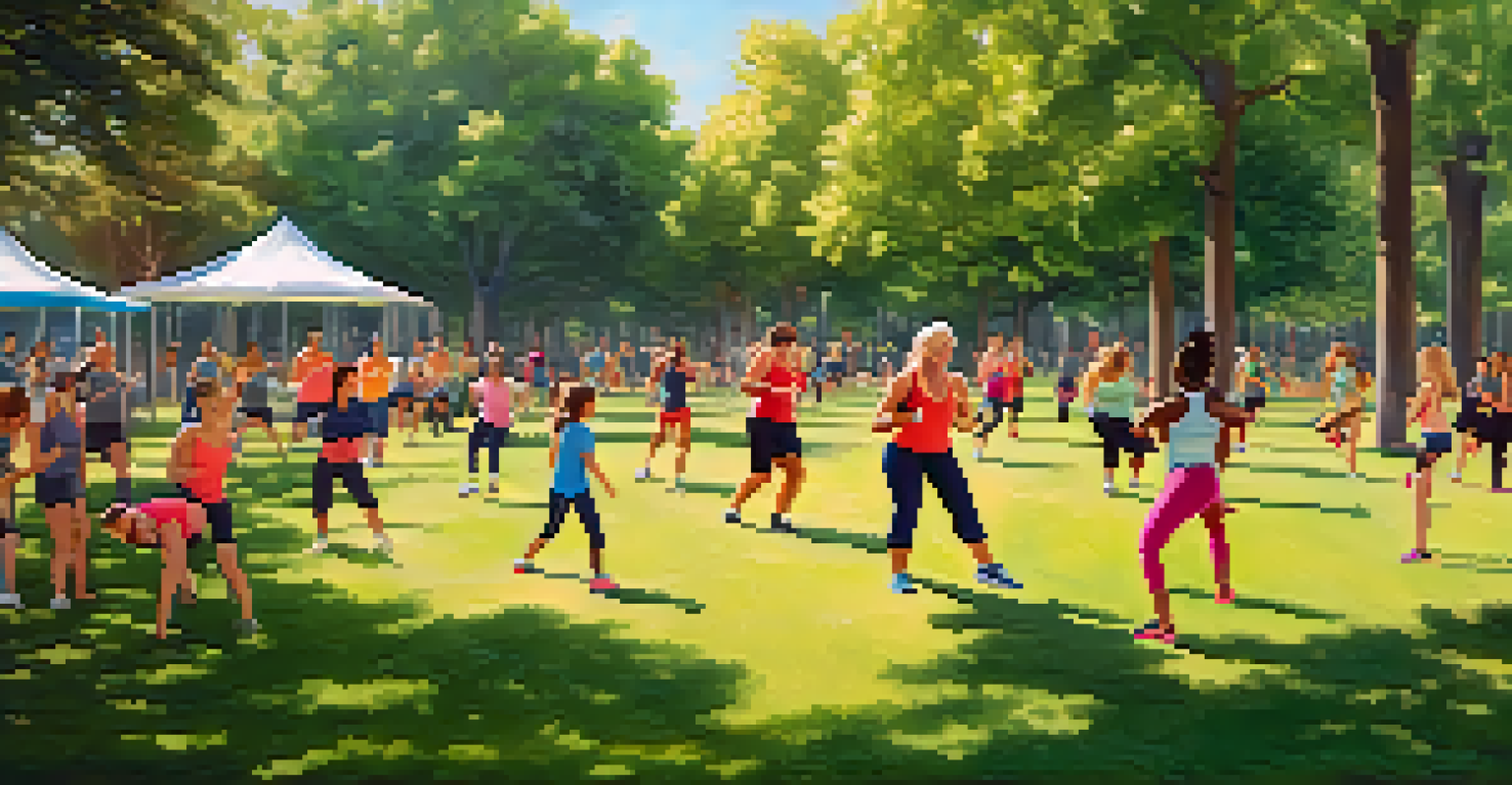A diverse group of people participating in an energetic outdoor fitness class in a park.