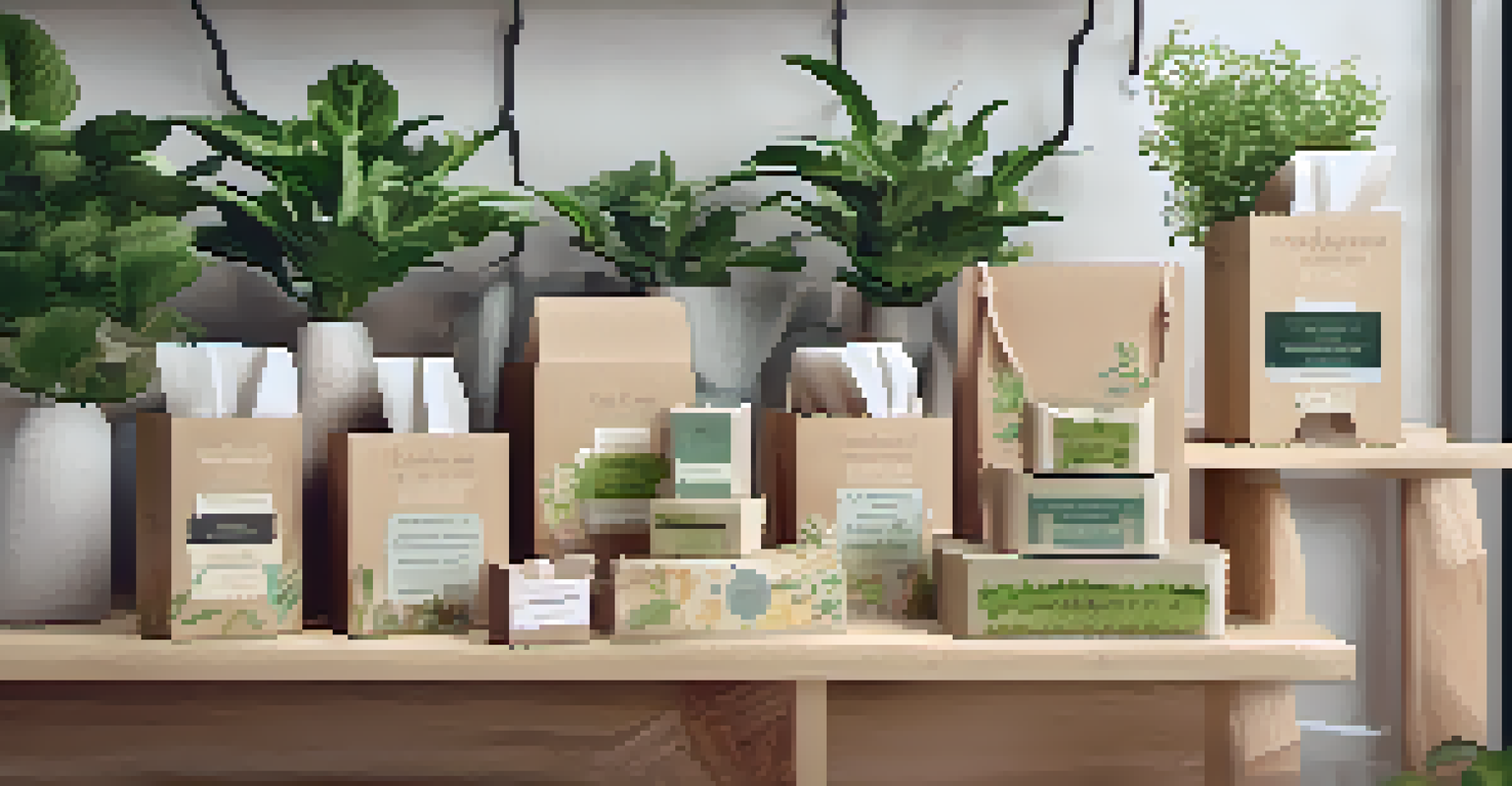 Display of eco-friendly soap packaging with recyclable bags and repurposed containers, set against a backdrop of greenery.