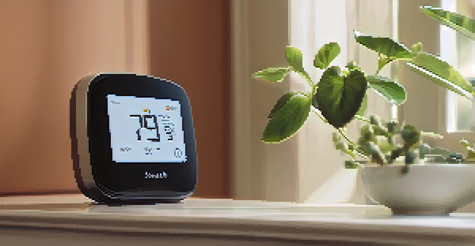 A close-up of a smart thermostat with a digital display in a beautifully decorated hallway with plants.