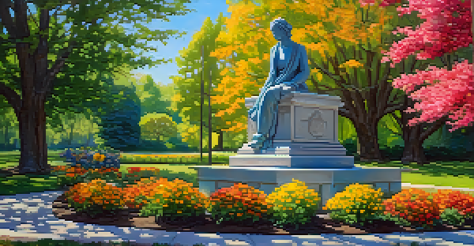 A large granite statue in a peaceful garden filled with flowers, under soft sunlight and a clear blue sky.