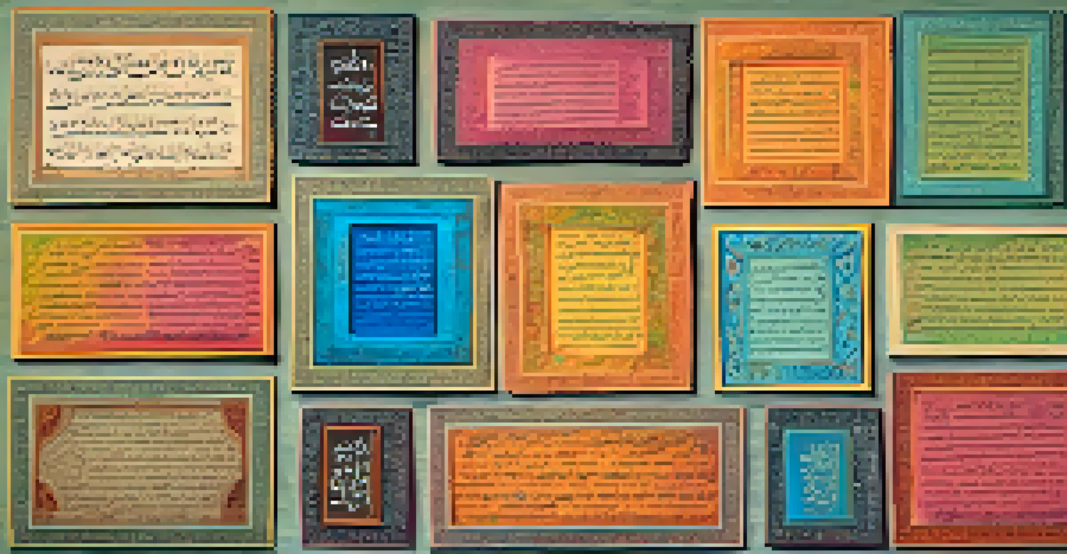 A vibrant collage of Indian calligraphy styles on colorful handmade paper, surrounded by intricate patterns and cultural motifs.