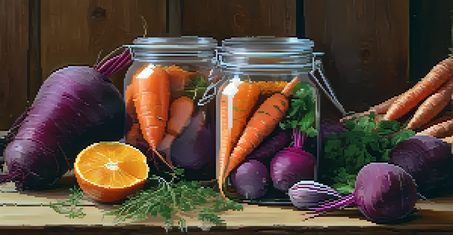 A close-up of a fermentation jar with colorful root vegetables in brine, covered with cloth, on a wooden table with spices around.