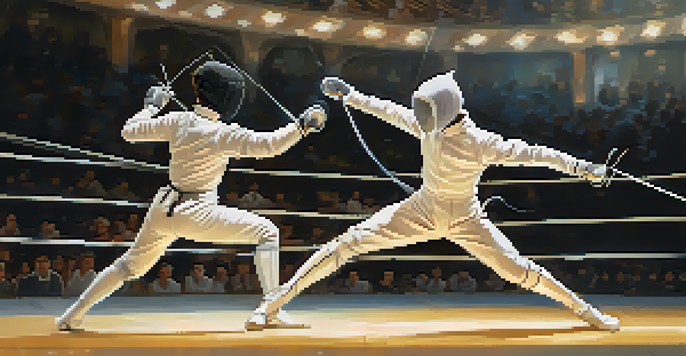 Two fencers in action, one lunging forward while the other evades, set in a blurred fencing arena.
