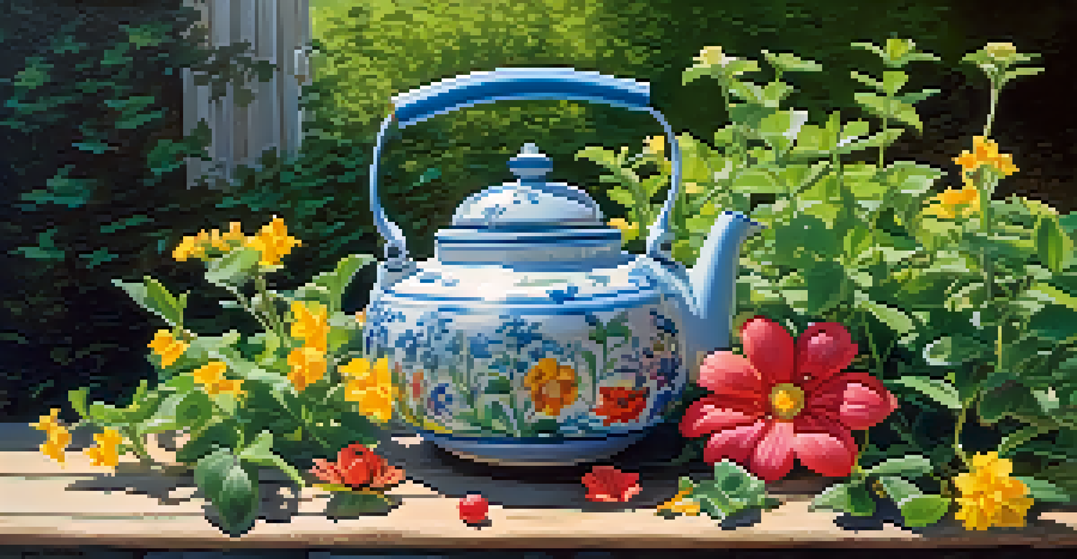 An old teapot filled with colorful flowers on a wooden table in a sunny garden.