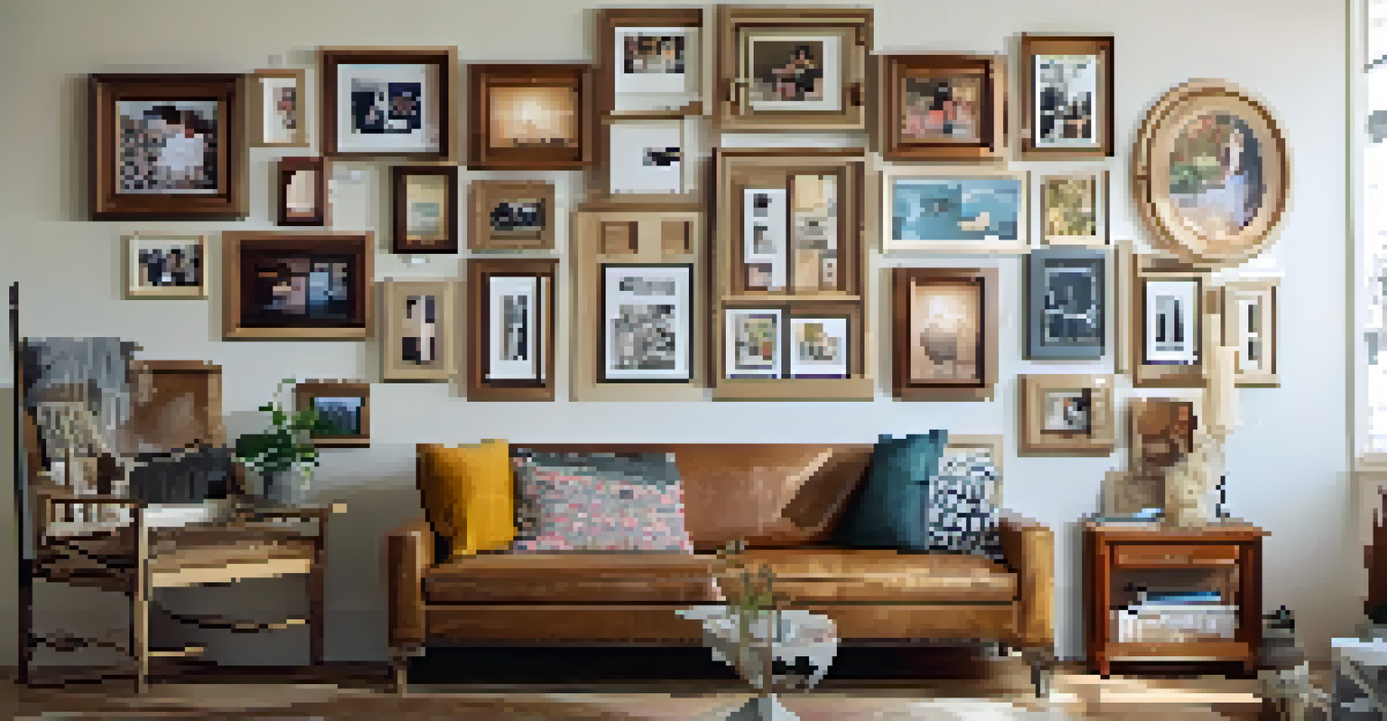 A gallery wall with mismatched upcycled wood picture frames displaying family photos and art pieces.