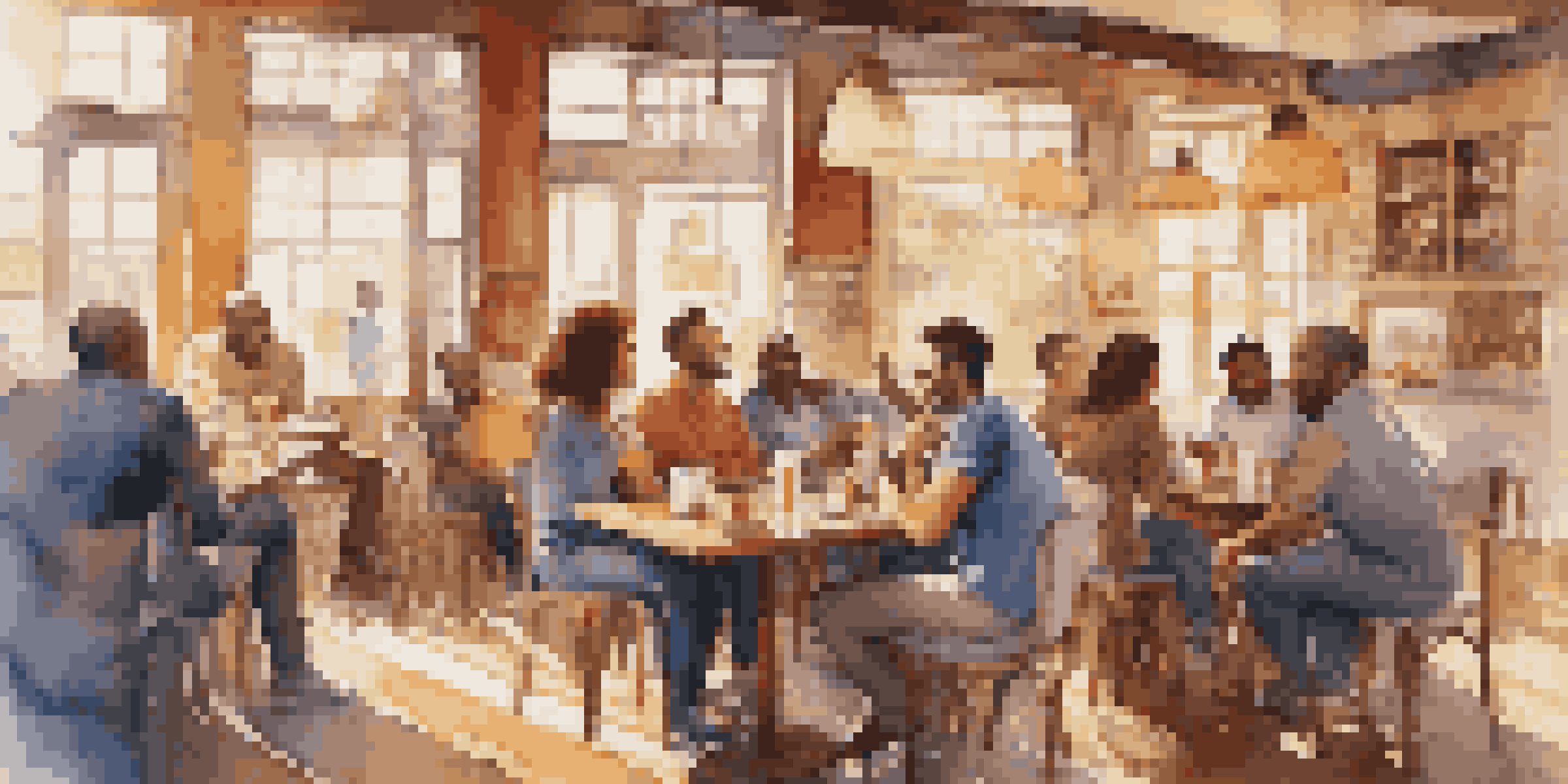 A diverse group of friends in a cozy café, chatting and laughing together over coffee.