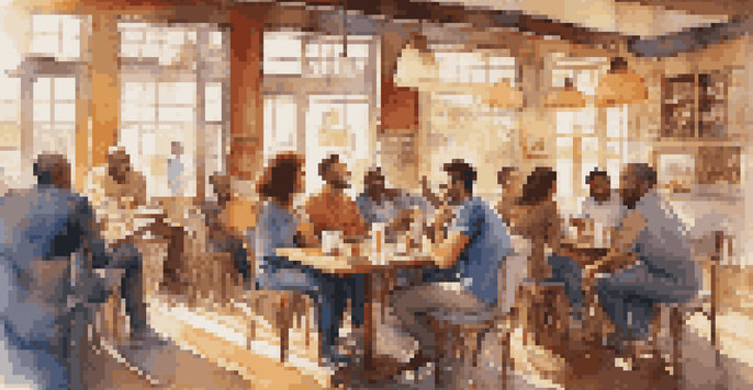 A diverse group of friends in a cozy café, chatting and laughing together over coffee.