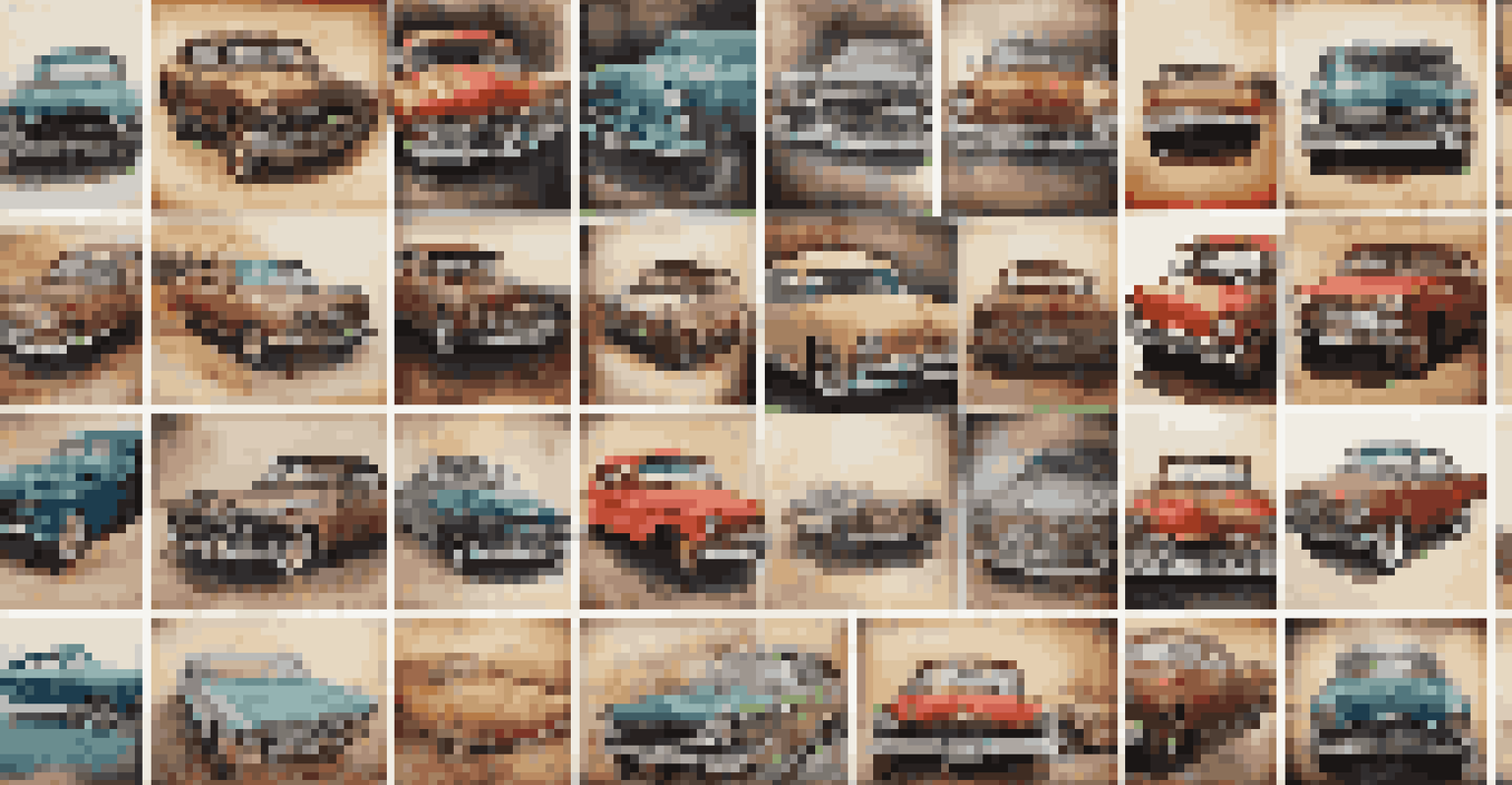 A grid of photos showing the various stages of a vintage car restoration, from a barn find to a polished finish.